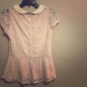Pink Lacey button down town with pearl collar